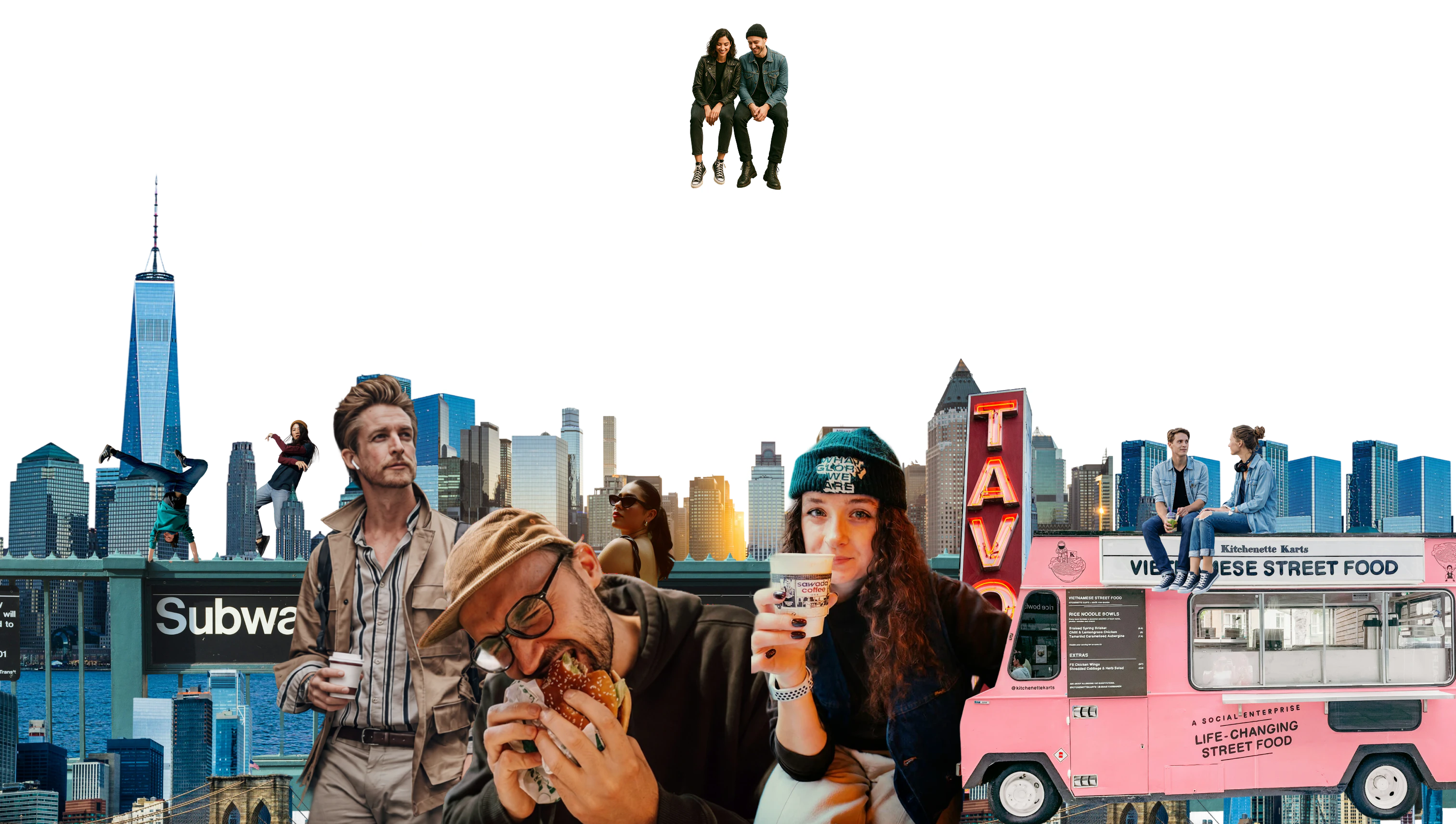 Collage of New York places, city scenes, and people enjoying food