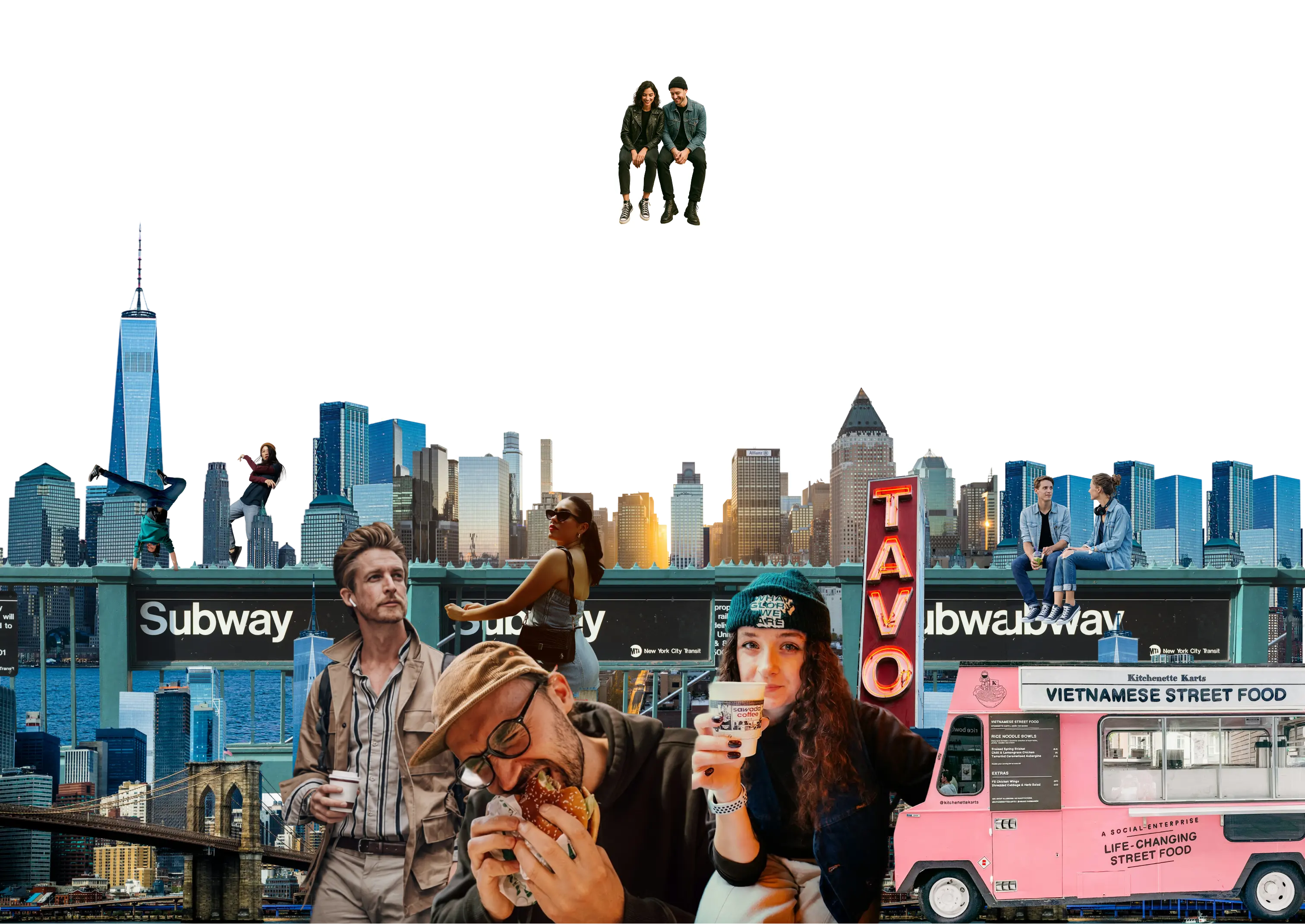 Collage of New York places, city scenes, and people enjoying food