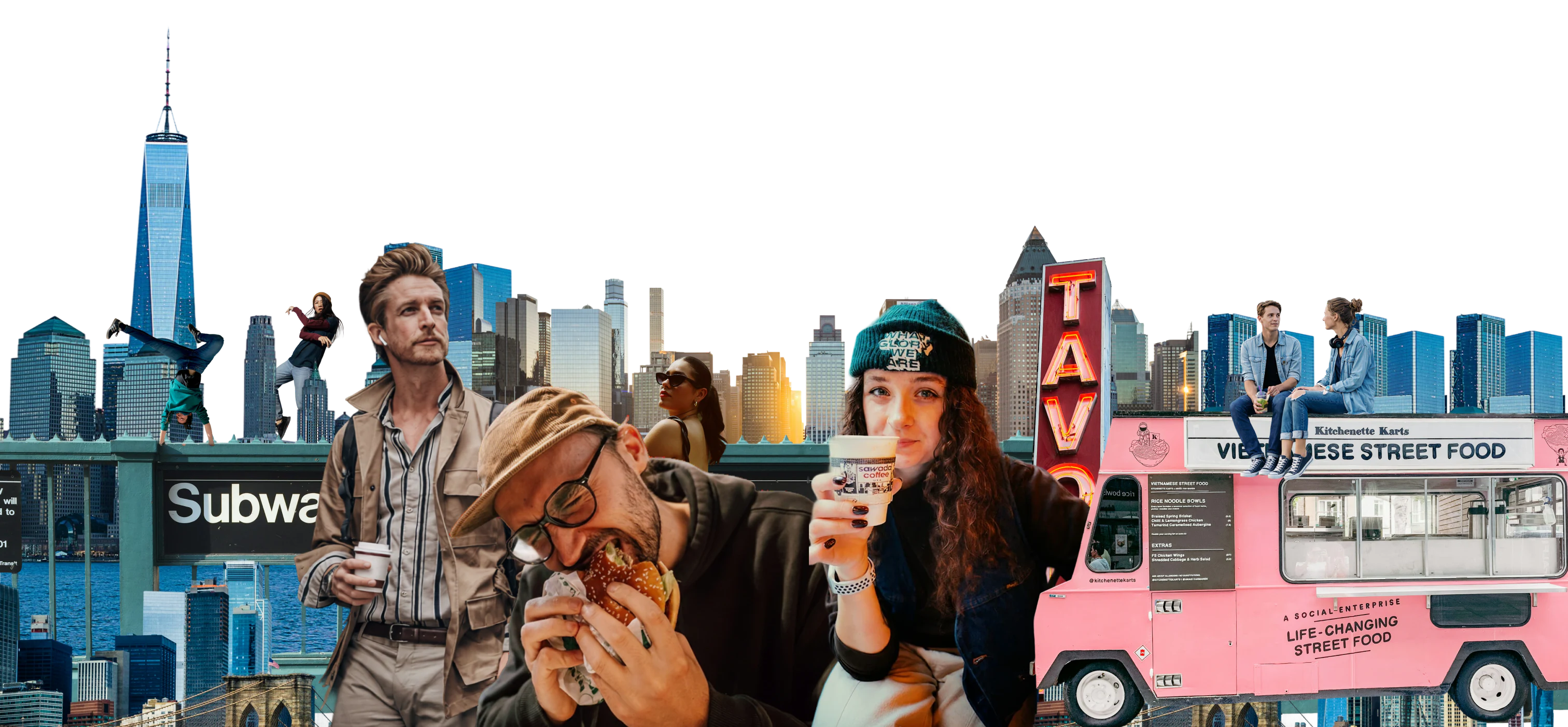 Collage of New York places, city scenes, and people enjoying food