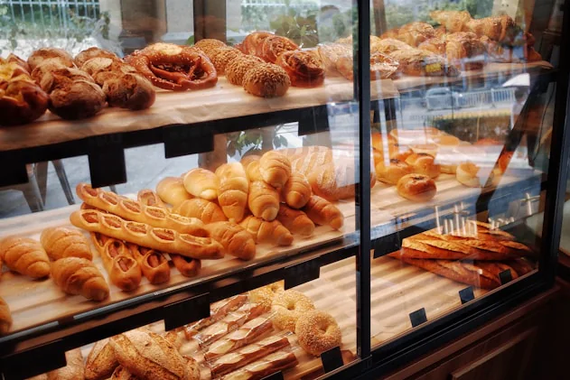 Bakery display case with pastries