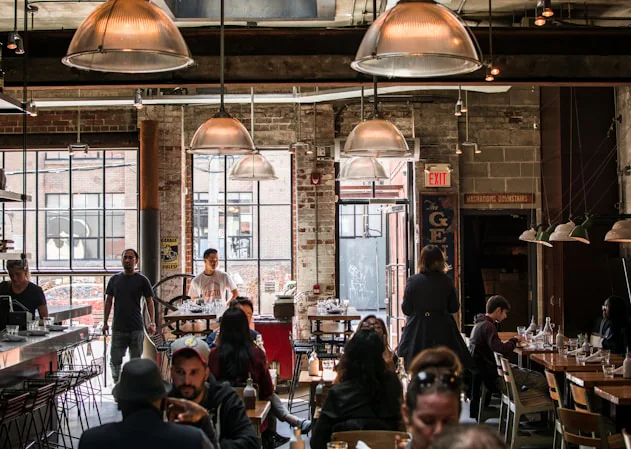 Cafe tables with tall windows