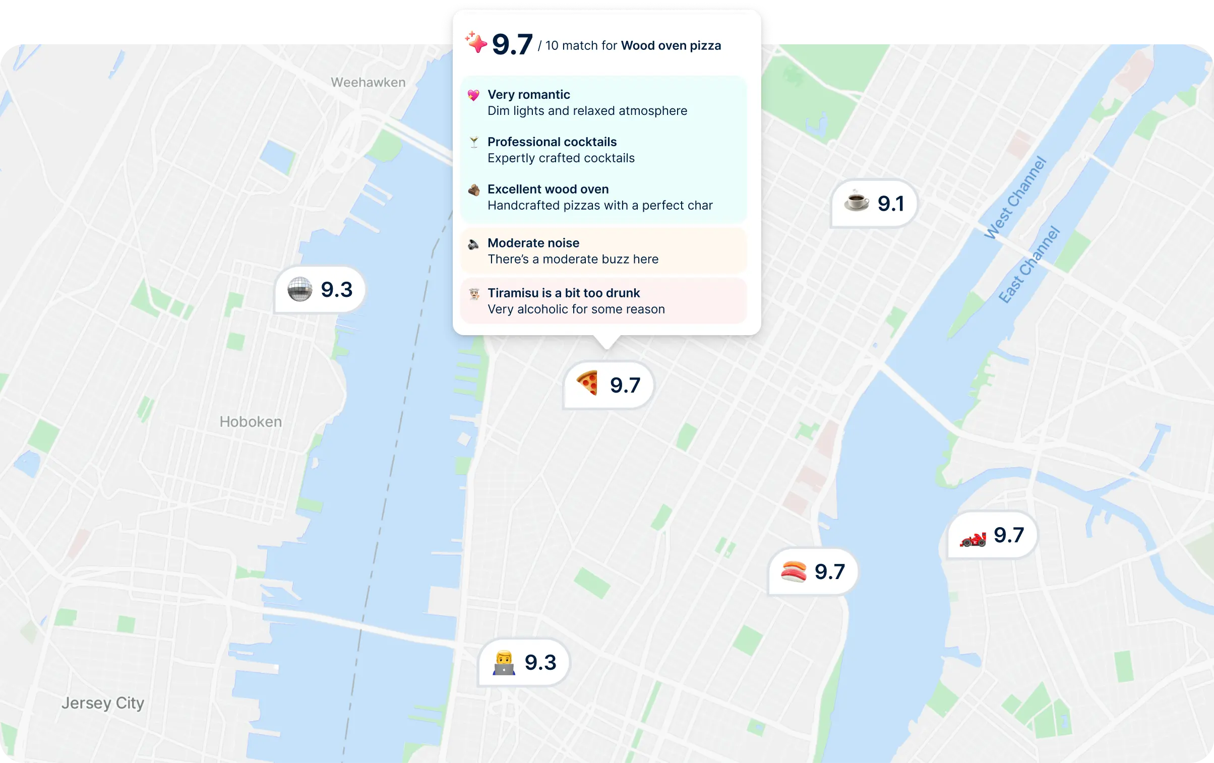 Atly map showing personalized place scores and match details for a wood-fired pizza restaurant